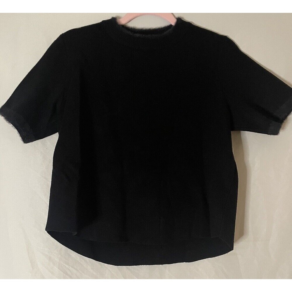 Zara Cropped Knit Top Black Size Xl Fuzzy Edge Detailing Black Drop Sleeve Top